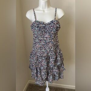 Express Women’s Brown Floral Print Side Zipper Sleeveless Ruffle Mini Dress s S